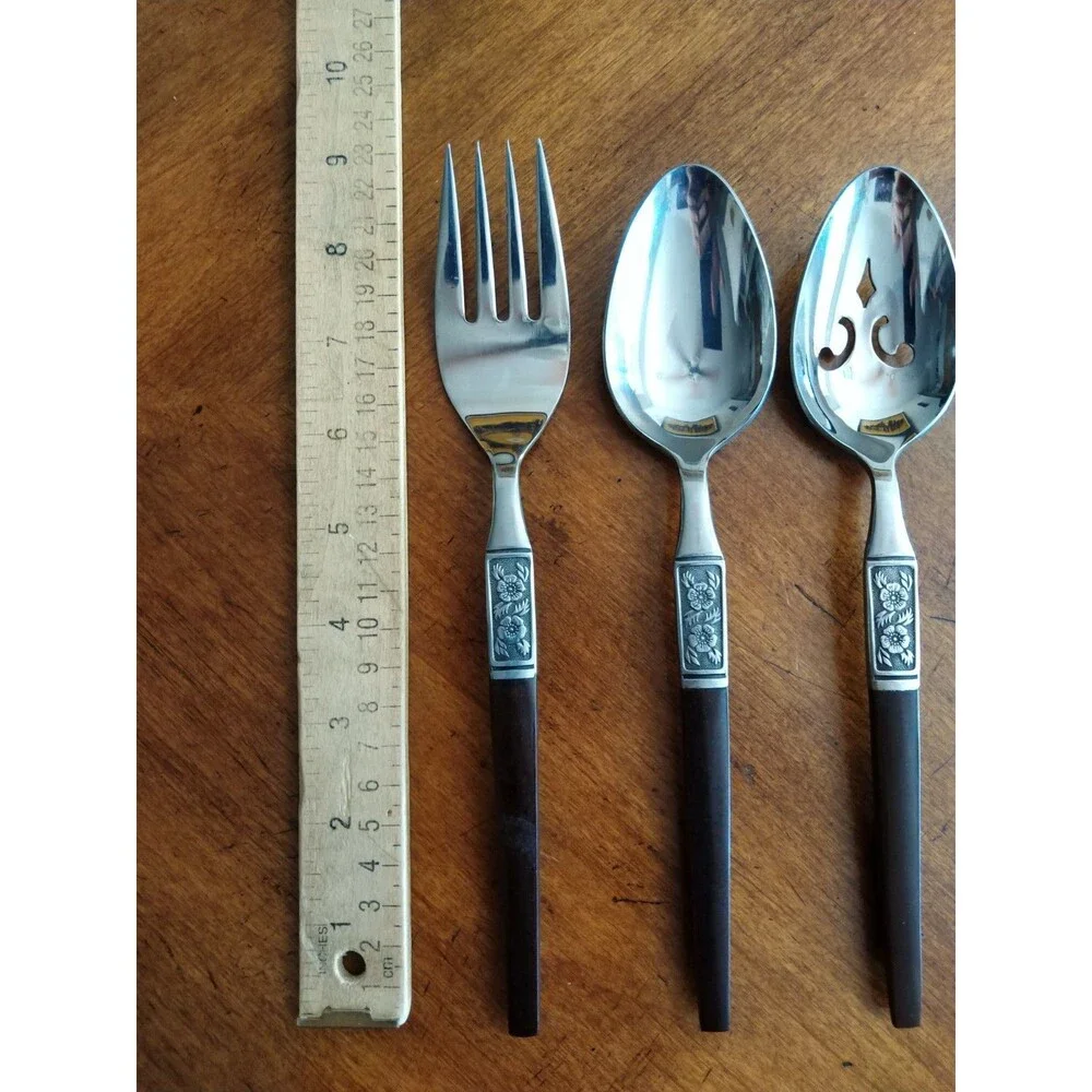 Lot 4x Serving Pieces Ekco Eterna La Joya Stainless Faux Wood Flatwar MCM EKS14